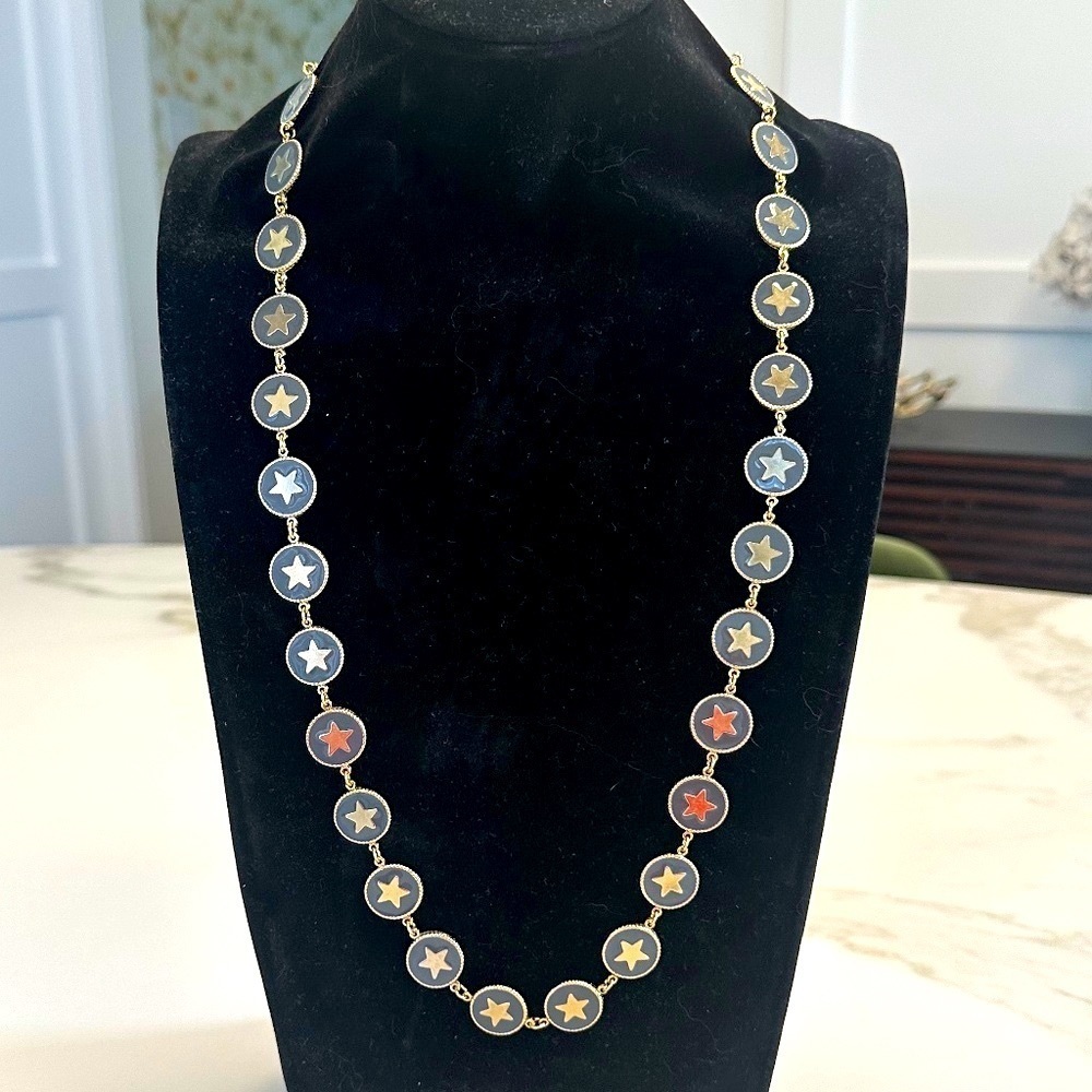 TOVA Gold Star Long Necklace Set in Blue-Grey Enamel in Gold-Tone Metal